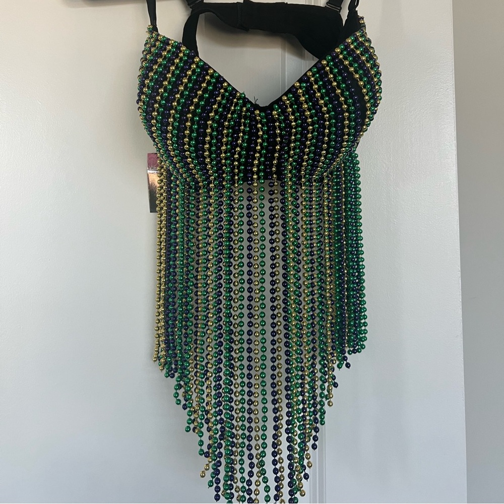 Beaded Fringe Crop Top - Green/Gold/Blue